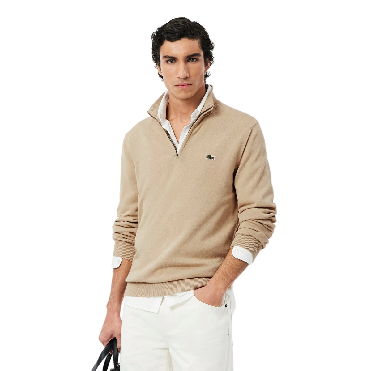 Lacoste Jersey con cremallera algodón liso cuello alto Beige