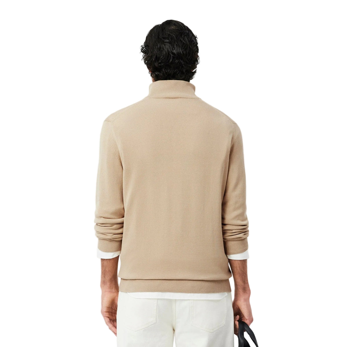 Lacoste Jersey con cremallera algodón liso cuello alto Beige